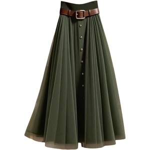 image:imageGORGLITTER Womens Pleated Mesh Flowy Fall Boho Business Casual Maxi SkirtsArmy Green