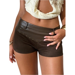 image:imageGORGLITTER Womens Y2k Leather Shorts Studded Low Rise Rave Micro ShortsBrown