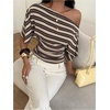 image:imageGORGLITTER Womens Off The Shoulder Top Cinched Waist Striped Going Out TopBrown and White