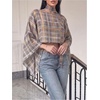 image:imageGORGLITTER Womens Plaid Poncho Top Shawl Scarf Sheer Long Sleeve BlousesDusty Blue