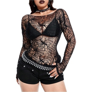 image:imageGORGLITTER Womens Fishnet Top Shirt Y2K Rave Goth Concert Long Sleeve TopsBlack