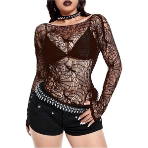 image:imageGORGLITTER Womens Fishnet Top Shirt Y2K Rave Goth Concert Long Sleeve TopsBrown
