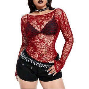 image:imageGORGLITTER Womens Fishnet Top Shirt Y2K Rave Goth Concert Long Sleeve TopsRed