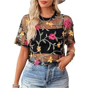 image:imageGORGLITTER Womens Floral Embroidered Sheer Going Out Concert Club Sexy TopBlack Florals