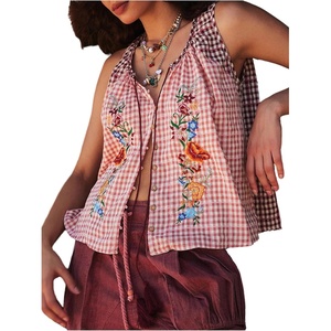 image:imageGORGLITTER Womens Floral Embroidered Tops Gingham Scoop Neck Boho Tank TopRed Gingham
