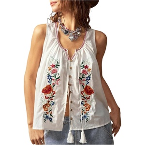 image:imageGORGLITTER Womens Floral Embroidered Tops Gingham Scoop Neck Boho Tank TopWhite