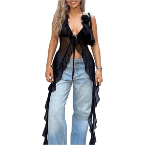image:imageGORGLITTER Womens Fringe Flower Halter Tops Ruffle Tie Front Sleeveless Backless Top Concert Rodeo OutfitsBlack