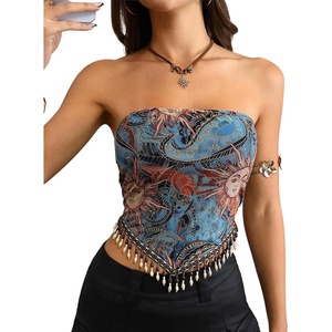 image:imageGORGLITTER Womens Fringe Paisley Print Strapless Asymmetrical Bandeau TopsBlue Sun