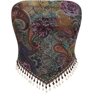 image:imageGORGLITTER Womens Fringe Paisley Print Strapless Asymmetrical Bandeau TopsMulticolor