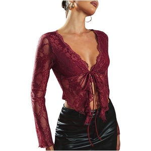 image:imageGORGLITTER Womens Lace Going Out Tops Tie Front Y2k Cropped Sexy Rave TopBurgundy
