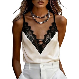 image:imageGORGLITTER Womens Lace Satin Silk V Neck Spaghetti Strap Cami TopApricot