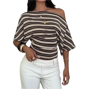 image:imageGORGLITTER Womens Off The Shoulder Top Cinched Waist Striped Going Out TopBrown and White