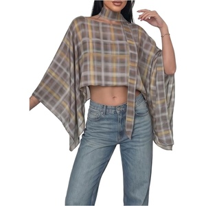 image:imageGORGLITTER Womens Plaid Poncho Top Shawl Scarf Sheer Long Sleeve BlousesDusty Blue
