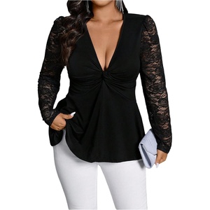 image:imageGORGLITTER Womens Plus Size Lace Tops Y2K Long Sleeve Going Out Peplum TopBlack