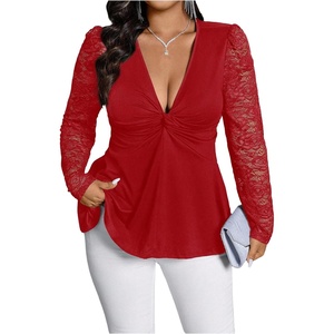 image:imageGORGLITTER Womens Plus Size Lace Tops Y2K Long Sleeve Going Out Peplum TopSolid Red