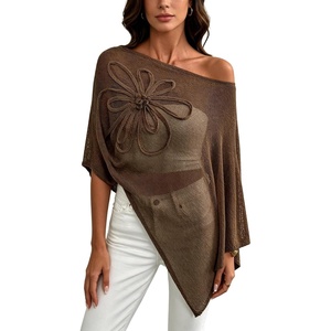 image:imageGORGLITTER Womens Plus Size Off The Shoulder Sheer Poncho Top Fall FashionCoffee Brown