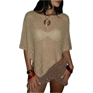 image:imageGORGLITTER Womens Poncho Tops Sheer Shawl Cape Top Sparkly Sequin SweatersKhaki