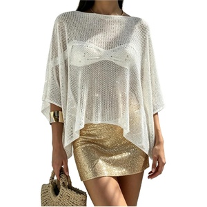 image:imageGORGLITTER Womens Poncho Tops Sheer Shawl Cape Top Sparkly Sequin SweatersSolid White