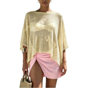 image:imageGORGLITTER Womens Poncho Tops Sheer Shawl Cape Top Sparkly Sequin SweatersYellow