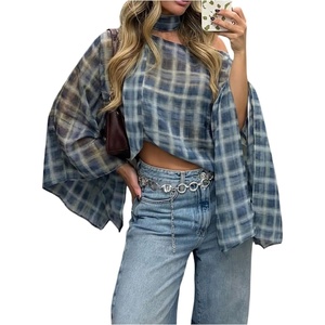 image:imageGORGLITTER Womens Poncho Tops Sheer Shawl Plaid Gingham Halter Cape TopBlue