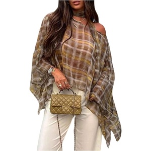 image:imageGORGLITTER Womens Poncho Tops Sheer Shawl Plaid Gingham Halter Cape TopBrown