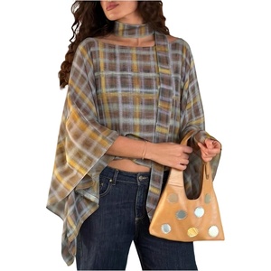 image:imageGORGLITTER Womens Poncho Tops Sheer Shawl Plaid Gingham Halter Cape TopDusty Blue