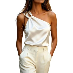 image:imageGORGLITTER Womens Satin Silk One Shoulder Tank Tops Ruched Dressy CamiApricot
