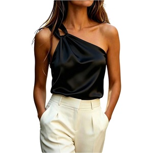 image:imageGORGLITTER Womens Satin Silk One Shoulder Tank Tops Ruched Dressy CamiBlack