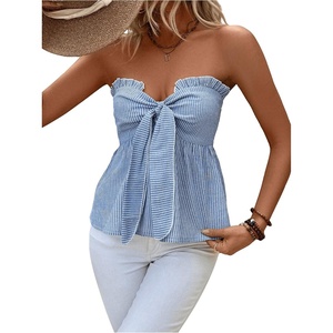 image:imageGORGLITTER Womens Striped Strapless Tube Bandeau Tie Front Bow Peplum TopBlue Striped