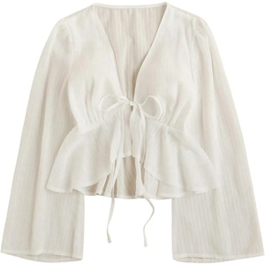 image:imageGORGLITTER Womens Tie Front Peplum Tops Long Sleeve Blouse Dressy CasualWhite