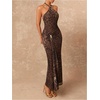 image:imageGORGLITTER Womens Cheetah Print Halter Maxi Dress Sexy Metal Ruched Bodycon Leopard Night Out Evening Long DressesCoffee Brown