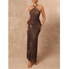 image:imageGORGLITTER Womens Cheetah Print Halter Maxi Dress Sexy Metal Ruched Bodycon Leopard Night Out Evening Long DressesCoffee Brown