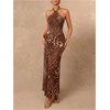 image:imageGORGLITTER Womens Cheetah Print Halter Maxi Dress Sexy Metal Ruched Bodycon Leopard Night Out Evening Long DressesKhaki