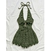 image:imageGORGLITTER Womens Crochet Romper Sexy Deep V Halter Beach Going Out RomperArmy Green