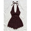 image:imageGORGLITTER Womens Crochet Romper Sexy Deep V Halter Beach Going Out RomperCoffee Brown