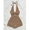image:imageGORGLITTER Womens Crochet Romper Sexy Deep V Halter Beach Going Out RomperSolid Khaki