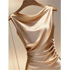 image:imageGORGLITTER Womens Elegant Satin Midi Dress Dressy Draped Ruched Sleeveless Bodycon Wedding Guest Evening Party DressApricot
