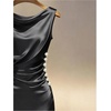 image:imageGORGLITTER Womens Elegant Satin Midi Dress Dressy Draped Ruched Sleeveless Bodycon Wedding Guest Evening Party DressBlack