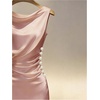 image:imageGORGLITTER Womens Elegant Satin Midi Dress Dressy Draped Ruched Sleeveless Bodycon Wedding Guest Evening Party DressPink