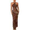 image:imageGORGLITTER Womens Cheetah Print Halter Maxi Dress Sexy Metal Ruched Bodycon Leopard Night Out Evening Long DressesKhaki