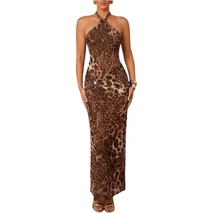 image:imageGORGLITTER Womens Cheetah Print Halter Maxi Dress Sexy Metal Ruched Bodycon Leopard Night Out Evening Long DressesKhaki