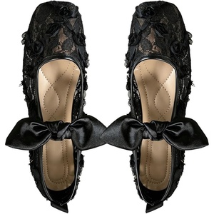 image:imageGORGLITTER Womens Lace Mesh Ballet Flats Ballerina Maryjanes Dress ShoesBlack Bow