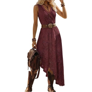 image:imageGORGLITTER Womens Western Cowgirl Boho Floral Lace Asymmetrical DressBurgundy