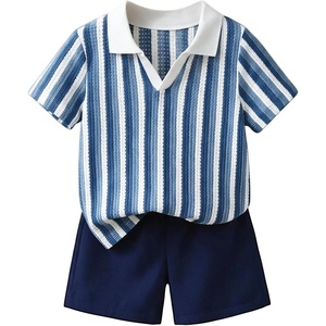 image:imageGORGLITTER Boys 2 Piece Outfit Summer Striped Short Sleeve Shirt amp ShortsBlue White